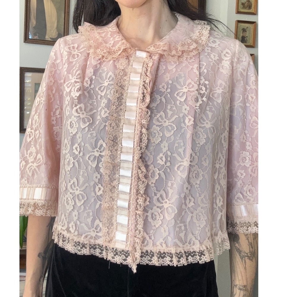 Vintage 50s 60s Odette Barsa Pink Floral Lace Bed Jacket Peter Pan Collar